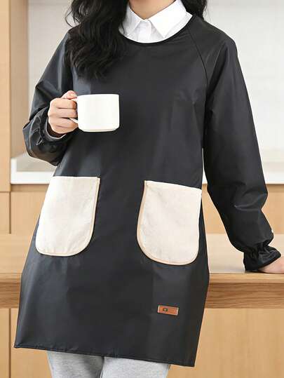1件装新款可擦拭双口袋长袖围裙，适用于厨房、家务、烘焙、烹饪、园艺、绘画、钓鱼等活动，男女通用防污腰围裙，餐饮服务，多种颜色可选