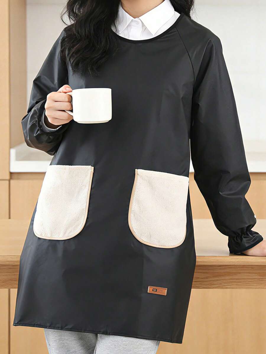 1pc New Wipeable Double Pocket Long Sleeve Apron, Suitable For Kitchen, Housework, Baking, Cooking, Gardening, Painting, Fishing, Anti-Stain Waist Apron For Men And Women, Food Service, Multiple Colors Available - Multicolor - View 1