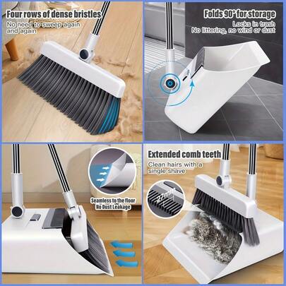 3-In-1 Household Broom With Dustpan & Floor Brush Set | 2-In-1 Cleaning Set With Long Handle, Trash Bag, Efficient Sweeping, Scrub Brush With Comb Dustpan, Outdoor And Yard Cleaning, Essential Cleaning Supplies