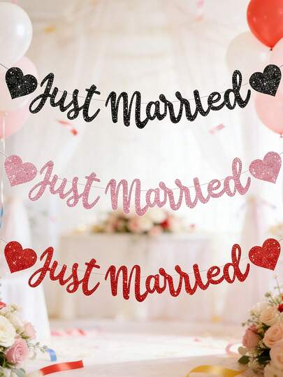 1件“新婚快乐”装饰品，浪漫婚礼装饰心形横幅，白色婚礼派对装饰，带有“新婚快乐”字样，适合情侣、成人、室内外装饰、家居墙面装饰、拍照背景道具、婚车装饰、婚礼招待会装饰、婚礼装饰、“新婚快乐”装饰、“新婚快乐”婚车装饰、婚礼派对装饰。