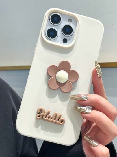 1pc White 3D Flower & "Hello" Letter Minimalist Shockproof Protective Phone Case, Compatible With Apple 17 Pro Max, 17/16/15/14/13/12/11 Series, S20-S25 Series, Note 14/13/12 Series & A56 5G, Perfect Valentine's Day/New Year Gift