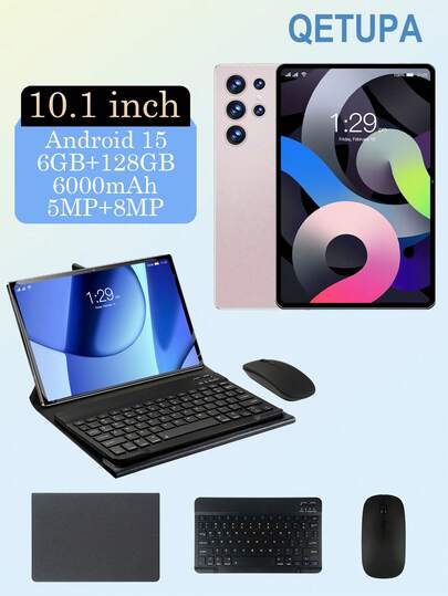 Qetupa Tableta PC Android de 10.1 pulgadas, con funda protectora, teclado y ratón, 8GB RAM + 256GB de almacenamiento (admite expansión de tarjeta SD de hasta 1TB), procesador MTK8788 Octa-Core a 2.0GHz, pantalla táctil IPS HD (1280x800), cámara frontal de 5MP y cámara trasera de 8MP, batería de 6000mAh, compatible con Bluetooth 5.2, Wi-Fi 6 802.11ax y carga USB-C