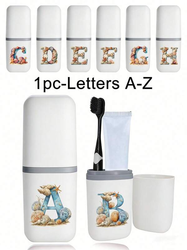 1pc Beach Seashell Letter A-Z Portable Toothbrush Travel Toothbrush Cup Travel Toothbrush Holder, Portable Toothbrush Cup Lid, Suitable For Travel, Camping, Business Trips And School Use, Multi-Functional Toothbrush Cup, Travel Wash Cup, Toothbrush And Toiletries Storage Set, Simple Toiletry Storage Box, Travel Essential, Bathroom Accessory, Home Goods And Storage Holiday Gifts.