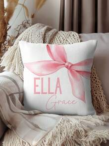 1pc Customizable Name Text English DIY Throw Pillow Cover, Soft Pink Bow Decor Pattern, Girly Bedroom Living Room Sofa Bed Lumbar Cushion Cover, Holiday Gift, All Season Pillow Case, Single-Sided Print Without Insert, Monogrammed Pillow Cover - Multicolor - View 2