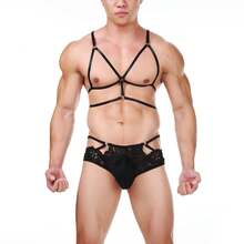Two-Piece Men's Erotic Lingerie Set, Sexy And Seductive, Accentuates Chest Muscles, Includes Restraint Strap Bra And Lace Thong - 黑色 - 查看 1