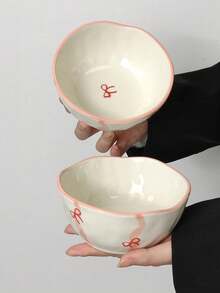 Cabin Kangaroo 1pc/2pcs/4pcs Aesthetic Asymmetrical Ceramic Bowl Set | 3D Heart Print Rustic Style Porcelain Bowl | Cute Pink Rim Dessert/Salad Bowl Suitable For Tabletop Decor And Daily Use - Multicolor - View 16