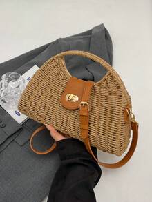 Túi rơm mùa hè, túi xách tay đan thủ công, túi du lịch dành cho nữ với dây đeo vai có thể điều chỉnh. - Màu Khaki - Xem 11