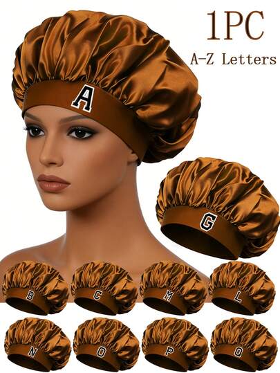 Unisex Bonnet Hat Customized A-Z Letters Satin Sleep Bonnet,Soft Comfortable Sleeping Bonnet,Elastic Wide-Brim Silky Sleeping Cap For Hair Protection, Make Up Washing Face Daily Use,Shower Cap For Daily