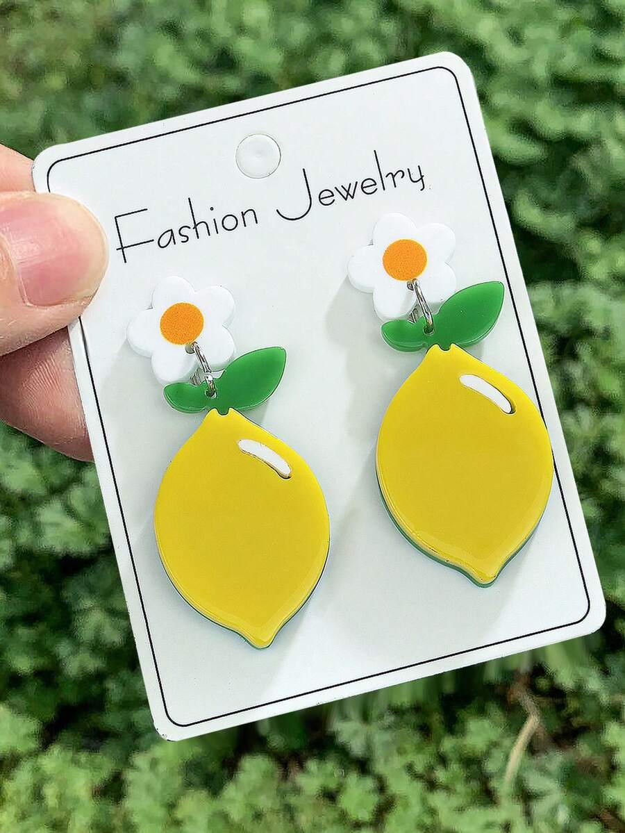 1对女士清新柠檬花亚克力吊坠耳环，Y2K可爱自然柠檬耳环，适合春季野餐、派对、日常休闲佩戴，时尚百搭饰品
