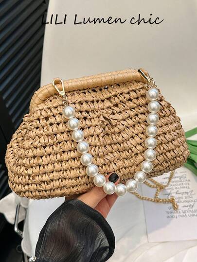 This Khaki Solid-Color Straw Tote Bag With An Adjustable And Detachable Shoulder Strap Adorned With A Pearl Chain Is Truly Eye-Catching. Its Lightweight And Portable Clip Design Combines Style And Practicality, Making It A Perfect Beach Bag For Vacations, Commutes, And Shopping.