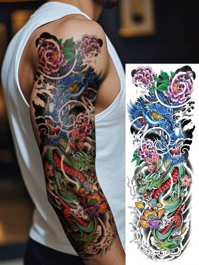 1 foglio di grandi dimensioni adesivo per tatuaggio temporaneo, unisex, stile giapponese con motivo a dragone e loto. Tatuaggio finto impermeabile, dura 2-5 giorni e può essere utilizzato su braccia, vita, gambe e schiena. Facile da applicare e rimuovere. Perfetto per festival, feste, regali, cosplay e altro.