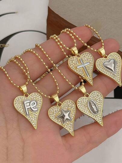 1 pieza Collar colgante de mujer con incrustaciones de circonita cúbica en dos tonos de cobre con diseños de corazón/cruz/Virgen María/estrella/FE, perfecto para el Día de la Madre, con un estilo creativo, de moda, clásico, religioso, de lujo ligero y elegante, ideal para usar en el baile de graduación, como regalo o para el uso diario, citas, fiestas, vacaciones y playas de verano