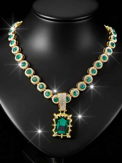 Lüks Tamamen Buzlu Kırmızı/Yeşil/Beyaz 3'ü 1 Arada Değerli Taşlı Kolye, Erkekler İçin Hip Hop Tarzı Parıltılı Buzlu Küba Bağlantılı Kolye