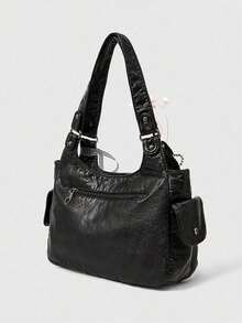 Fashionable Large Capacity Textured Multi Pocket Shoulder Bag, Niche Design Retro Simple Daily Underarm Bag, Love Bow Versatile Tote Bag, Suitable For Shopping, Commuting, Daily Outings, Parties And Work - Black - View 6