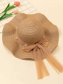 1pc Women's Khaki Wavy Striped Bow Beach Sun Hat, Elegant Sun Protection Beach Hat For Summer Travel And Vacation - Khaki - View 2
