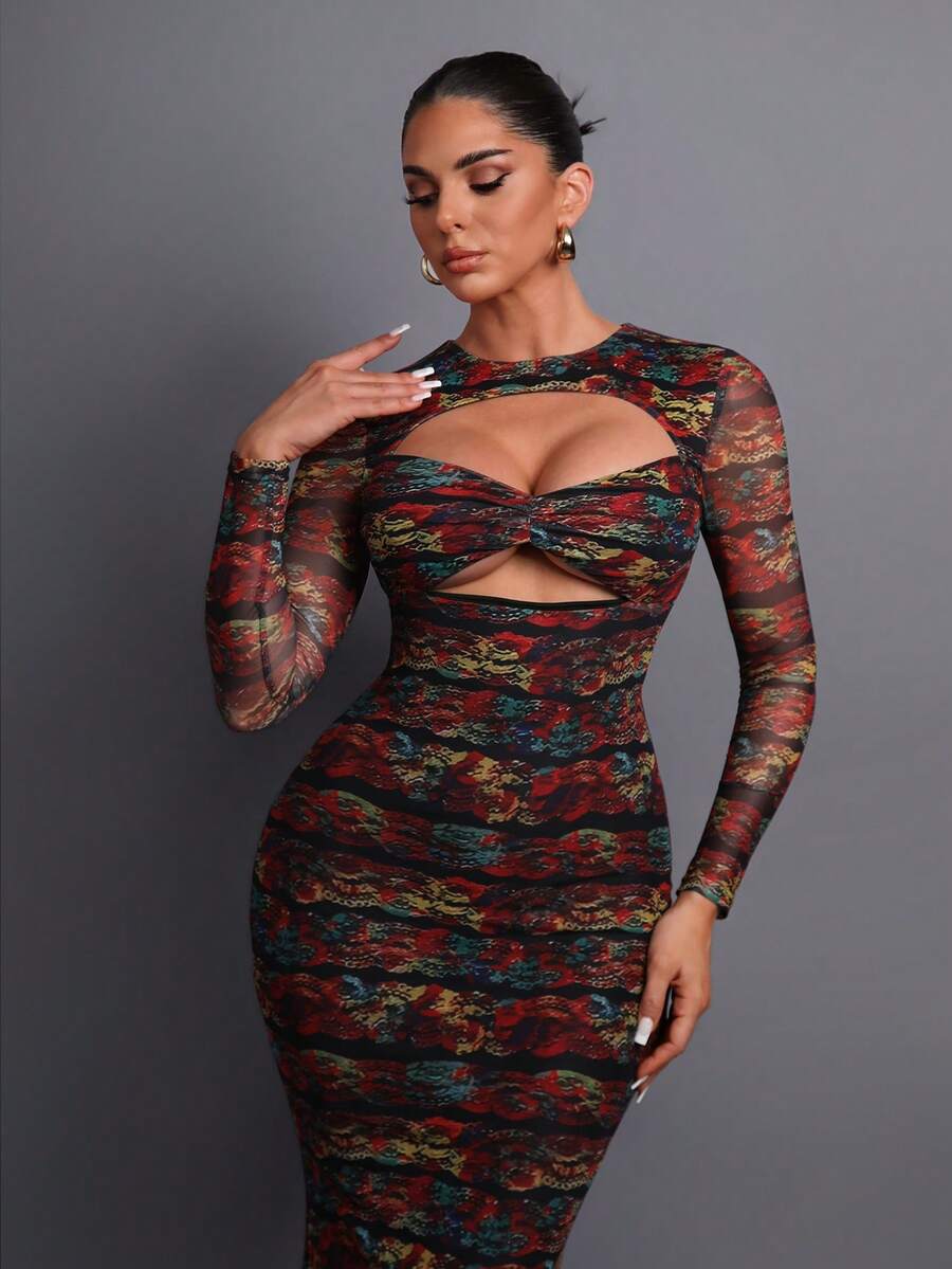 优雅印花镂空网纱女士晚礼服，适合派对、正式晚宴、时尚活动、摄影、夜间活动、婚礼、度假派对、春季等场合。