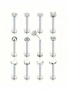 12pcs 16G 18G 20G Flat Back Earrings, 316L Stainless Steel Cartilage Nose Studs Push-In Lip Rings Hoop Piercing Jewelry, Unisex - Lip Studs - View 9