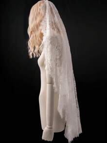 1 Pc French Lace Wedding Veil Elegant Mantilla Style Fingertip Length Bridal Veil With Comb For Bride Ivory,Summer,Beach - Ivory - View 4
