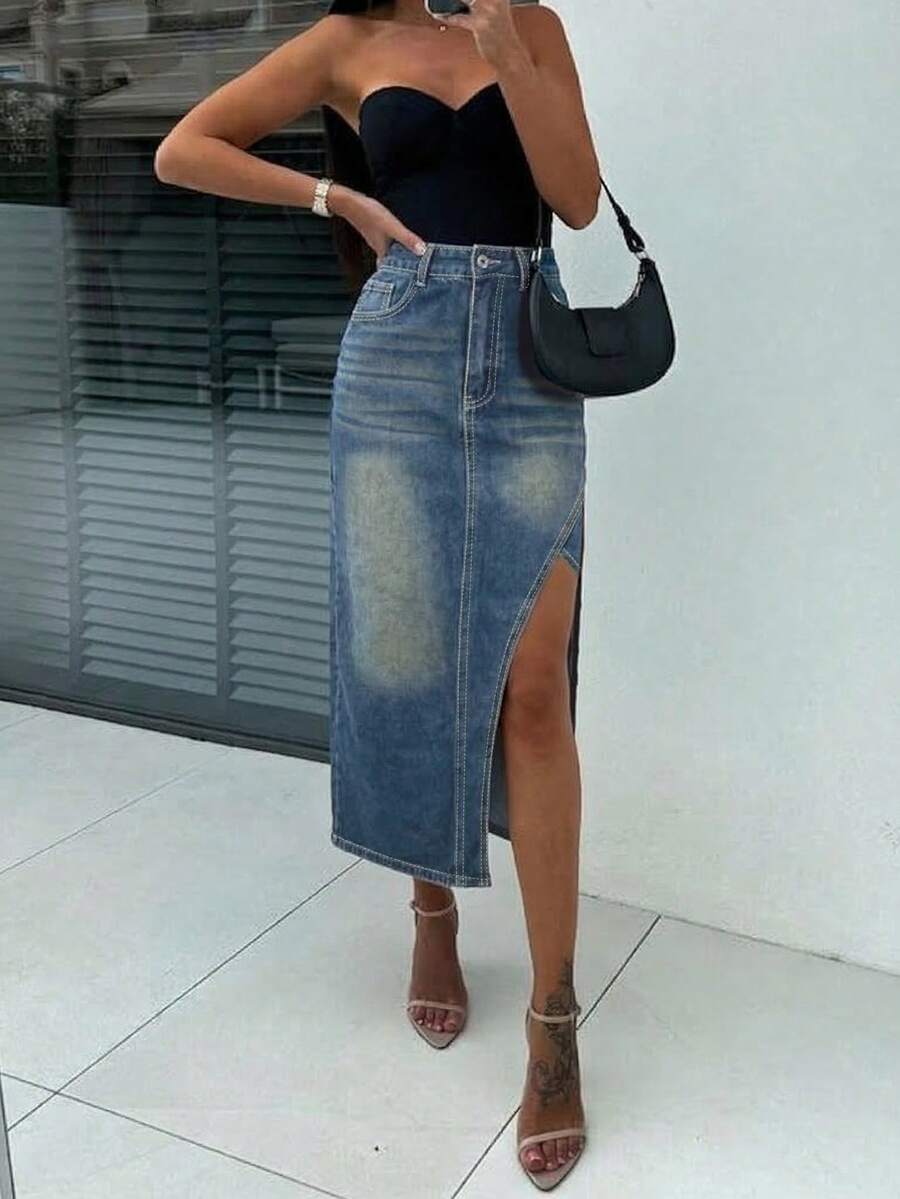 Women's Casual Woven Fabric Long Denim Skirt With Pockets And Slit Thigh For Party Wear Vacation Spring - Blue - View 1