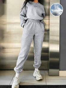 Women's 2-Piece Casual Tracksuit Set - Crewneck Sweatshirt & Jogger Pants, Solid Color, Loose Fit, Long Sleeve, Elastic Waist, Suitable For Home, Leisure, Outdoor Activities, All Ages From Teen To Adult, Minimalist Fashion Sportswear - Grey - View 7