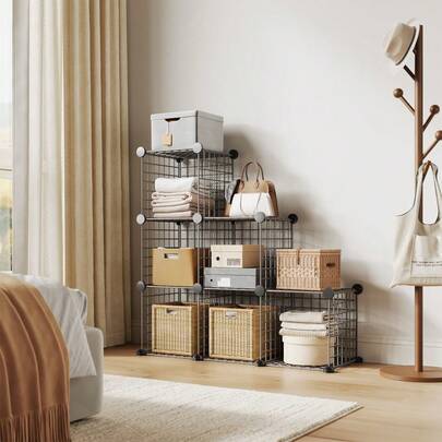 Heavy-Duty 6-Cube Metal Grid Organizer - Storage Bins Shelving, Modular Wire Cube Shelf Unit, 37.4"L X 12.6"W X 37.4"H Space-Saving Storage For Closet, Bedroom & Office