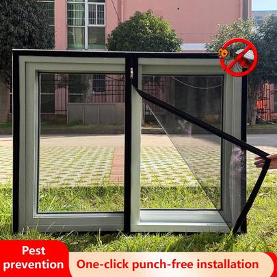 1片黑色网状蚊帐，自粘式免钻孔易安装窗纱，带拉链，有效防蚊蝇，宠物友好，适用于卧室、厨房、阳台