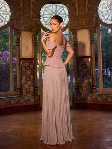 Faeriesty Đầm dạ hội cao cấp dành cho nữ - Đầm dài xếp ly hở vai, đính pha lê, thích hợp cho đám cưới, dạ hội và các sự kiện thảm đỏ. - Màu Khaki - Xem 7