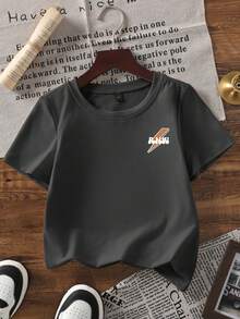 1件婴儿/幼儿男童休闲印花圆领短袖T恤，夏季童装 - 一件引人注目的T恤，为每个孩子带来欢乐和幸福！ - 深灰色 - 查看 4