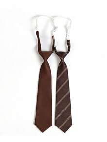 2pcs/Set Handmade Solid Color & Diagonal Stripe Combination Polyester Unisex Necktie, Suitable For Students, Uniforms, Suits And Various Occasions - Brown - View 2