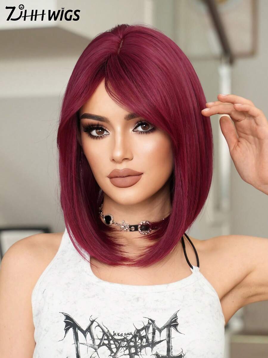 7JHH WIGS 16英吋肩長葡萄紫紅色短直髮波波頭假髮，附瀏海，耐熱合成纖維製，適合日常穿戴、派對、Cosplay、音樂節等場合，亦可作為畢業禮物或母親節禮物