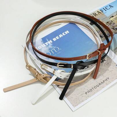 4pcs/Set Women's Classic PU Leather Skinny Waist Belt Set - Solid Color Buckle Adjustable Waist Belt, Suitable For S Size Pants, Dresses, Casual, Office, Party Looks, Essential For Autumn, Halloween