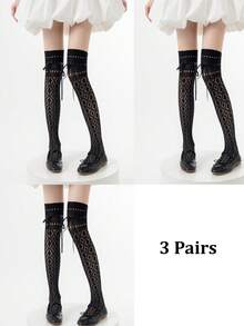 1/3 双春夏薄款过膝袜，芭蕾舞风格交叉绑腿袜，洛丽塔蝴蝶结过膝袜，网眼镂空大腿袜，隐形袜，长筒袜，直筒袜 - 彩色 - 查看 14