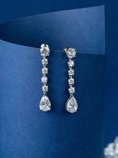 优雅奢华长款水滴形锆石铜耳环，时尚日常佩戴饰品，女士之选