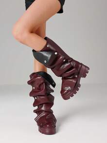 Women Mid Calf Boots Platform Heels Ruch Boots Knee High Fold Over Chunky Heel Short Booties Round Toe Wide Calf Pull-On Shark Boots Daily Party Y2K Dress Boots For Woman - Màu Đỏ Sâu - Xem 4