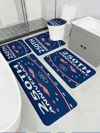 3/5pcs 250th Anniversary Bathroom Mat Set, Featuring "250TH ANNIVERSARY" Slogan, American Flag & Star Pattern, Soft Absorbent Anti-Slip Bathroom Accessories - Includes Toilet Lid Cover, U-Shaped Toilet Mat, Bathroom Door Mat, Vanity Mat, Bathtub Large Foot Mat - Made Of Flannel, Memory Foam & Polyester, Machine Washable Mildew Resistant Bathroom Mats - Suitable For All Seasons, Home/Hotel/Dorm/Outdoor Camping/School Dormitory, Western/Holiday Bathroom Decor, Back To School Essential, Housewarming Gift