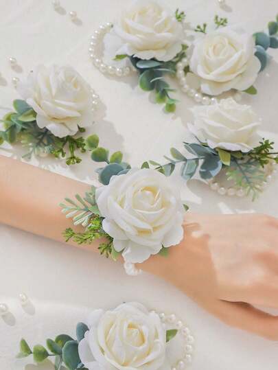1pc/6pcs Faux Rose With Eucalyptus Leaf And Pearl Wrist Corsage, Suitable For Bride, Bridesmaids, Graduation Ceremony, Vintage Theme Party, Elegant Wedding Decor