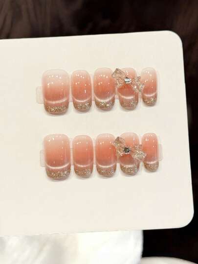 10片手工方形亚克力按压式美甲，中号，柔和粉色，闪亮猫眼，闪粉法式美甲，镶嵌大蝴蝶结，前卫优雅简约春季假指甲，夏季美甲，适合派对、日常、约会、海滩、热带度假等场合，DIY美甲，适合女性和女孩作为礼物，美甲用品