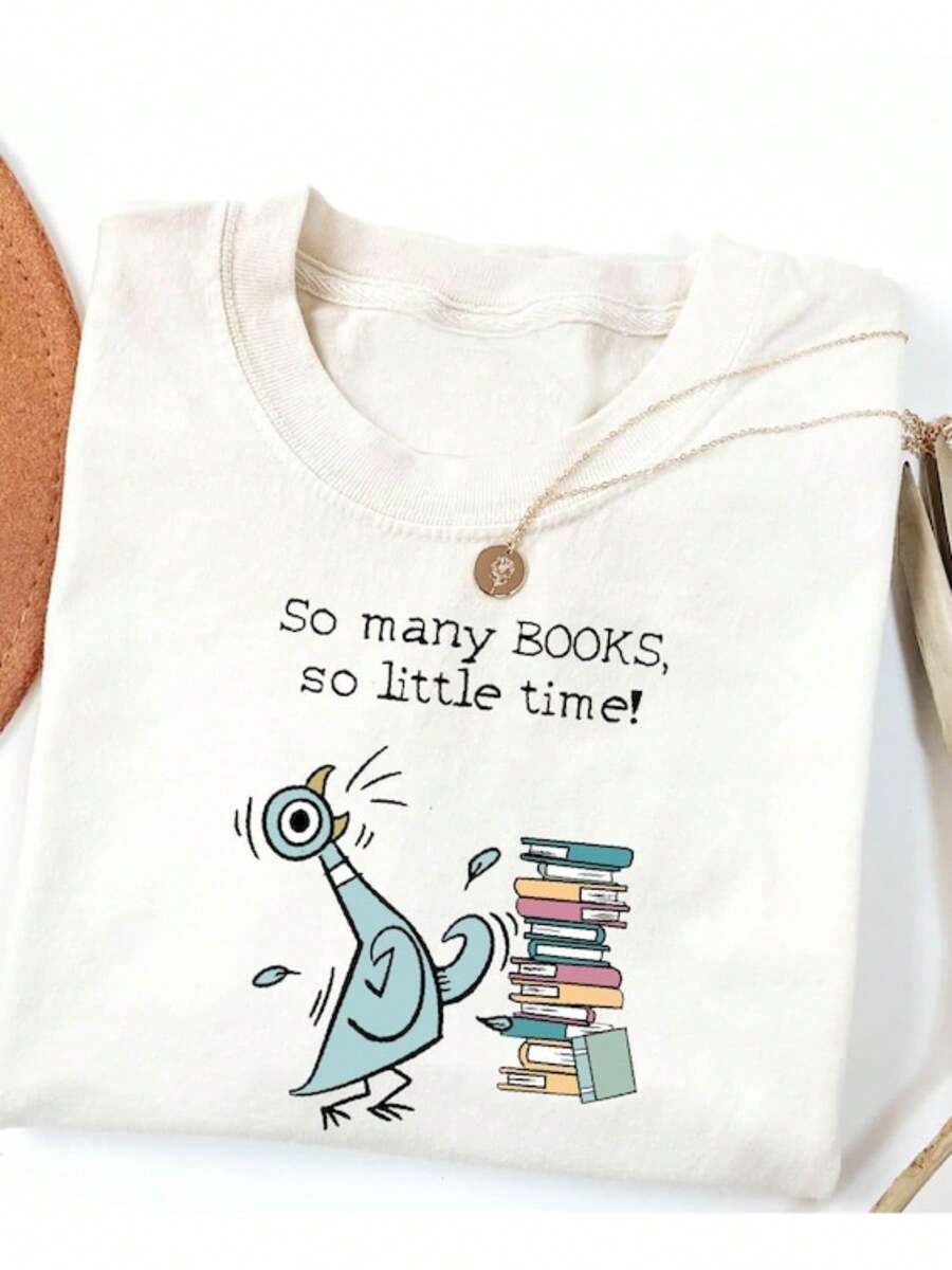 100% Cotton 1PCS "Too Many Books, Too Little Time" T-Shirt, Elephant And Pig Book Lover T-Shirt, Elementary School Teacher Sweatshirt, Bookish, Gift For Her, Christmas Pattern T-Shirt, Printed Women's Fashion Casual Round Neck Spring/Summer T-Shirt, Local Delivery 2026, Summer Outfits For Women, Summer Tops - 白色 - 查看 1