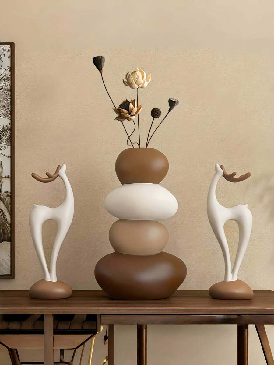 1件树脂叠鹿花瓶雕塑套装，几何石花瓶，时尚优雅设计，桌面装饰，适合作为家居和办公礼物，生日、开学、母亲节礼物 - 多款式 - 查看 1