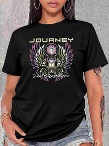加大码女式V领短袖T恤 - Journey乐队“Don't Stop Believin'”甲壳虫图案休闲宽松T恤 黑色 夏季 - 黑色 - 查看 5