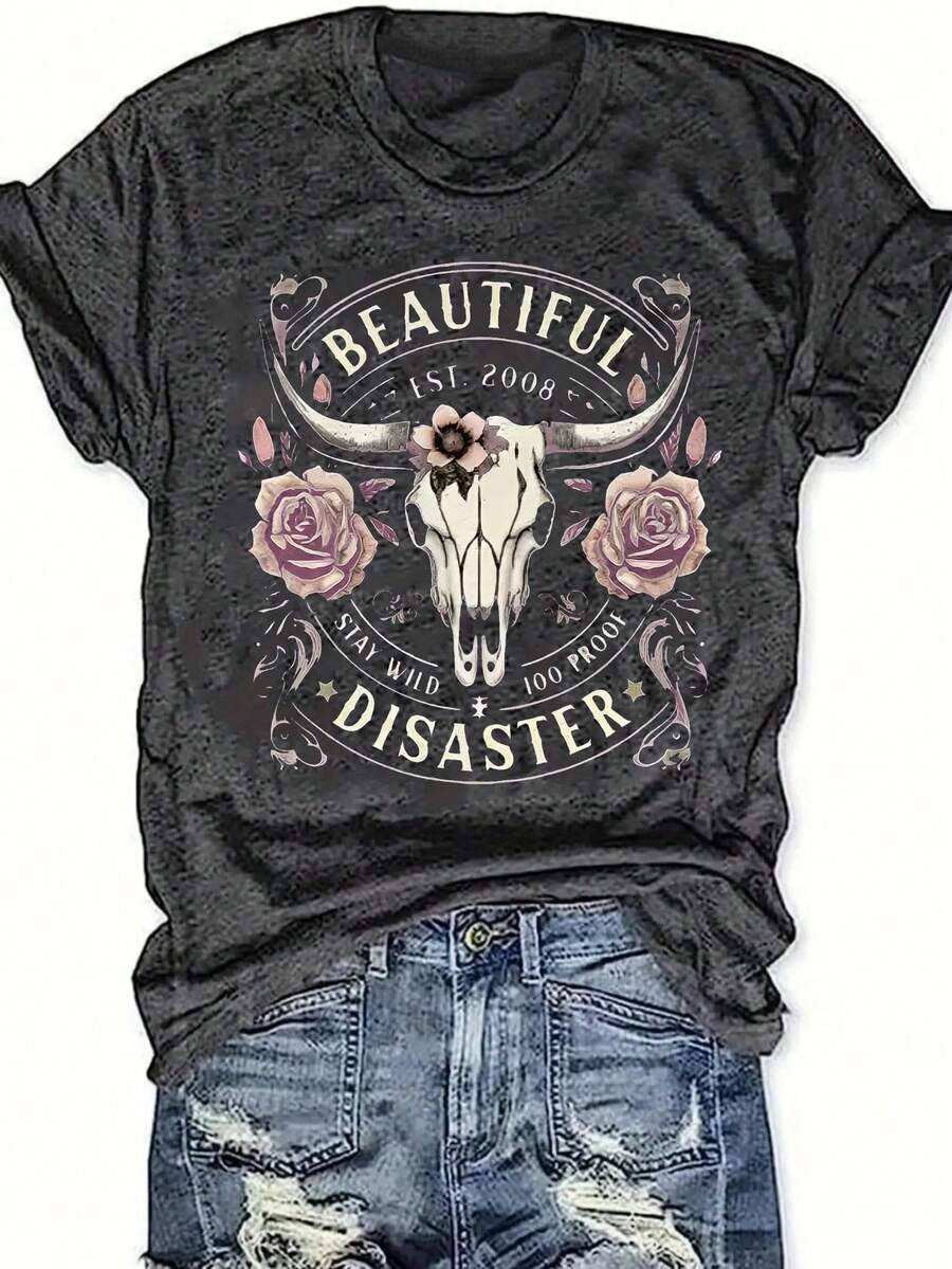 Vintage Bull Skull Pattern T-Shirt - Exquisite Printing, Women's Casual Fashion,  Streetwear, Soft Cotton Blended T-Shirt - 深灰色 - 查看 1