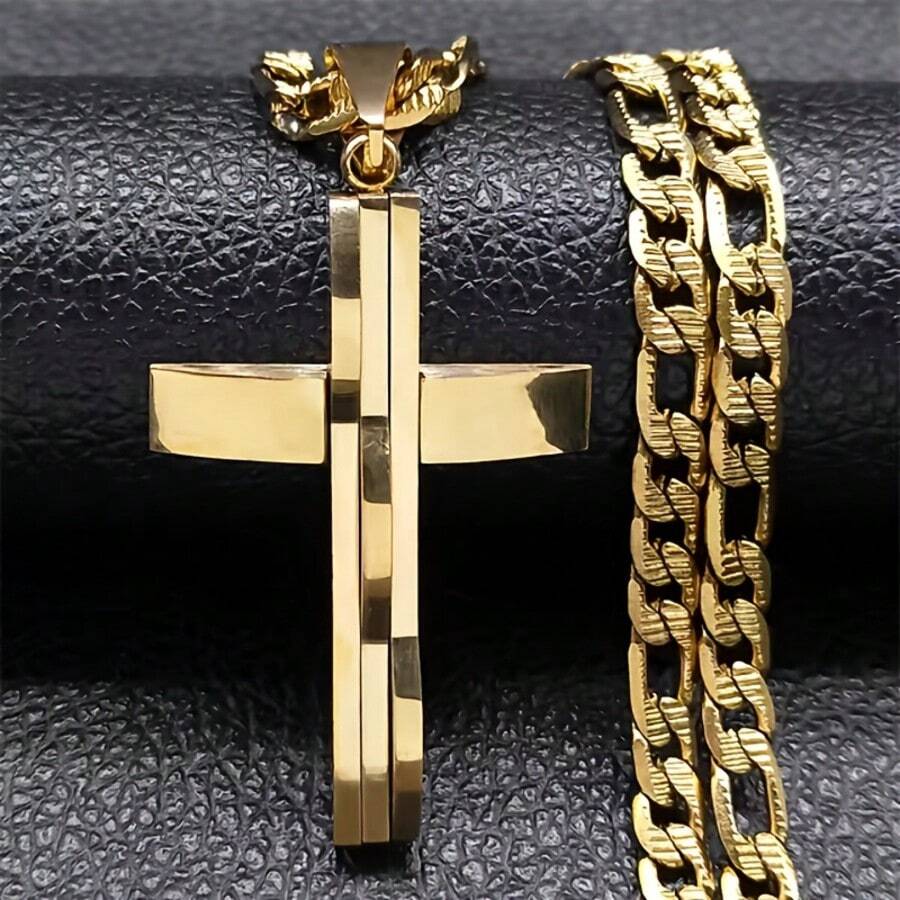 Dây chuyền mặt dây chuyền hình thánh giá nhiều lớp phong cách Hip Hop dành cho nam, chất liệu thép không gỉ, biểu tượng tín ngưỡng tôn giáo, quà tặng Giáng sinh. - Bạc - Xem 1