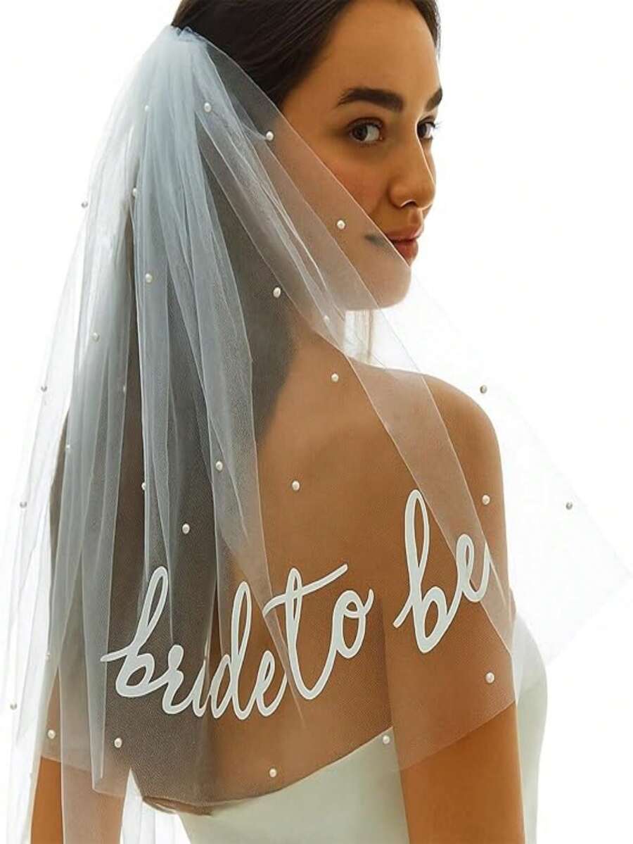 单层短款珍珠白婚礼极简主义欧美新娘串珠头纱、发带、腰带头纱、单身派对配饰、新娘送礼会礼物、订婚礼物(3种款式可选) - B - 查看 1