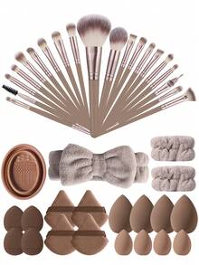 40件套化妆工具套装，包含：20支化妆刷套装+1个化妆刷清洁工具+1个发圈+2个手碗挂绳+4个迷你气垫粉扑+4个三角粉扑+4个化妆海绵+4个迷你化妆海绵，一应俱全，新手友好 | 方便携带，送礼佳品 | 新手/女性的完美之选 - 彩色 - 查看 1