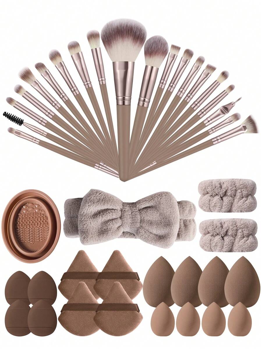 40件套化妆工具套装，包含：20支化妆刷套装+1个化妆刷清洁工具+1个发圈+2个手碗挂绳+4个迷你气垫粉扑+4个三角粉扑+4个化妆海绵+4个迷你化妆海绵，一应俱全，新手友好 | 方便携带，送礼佳品 | 新手/女性的完美之选 - 彩色 - 查看 1