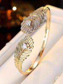 1 pieza Pulsera de mujer, diseño de pluma con lujo de circonita sintética incrustada, brazalete abierto y ajustable, adecuado para regalo y uso diario - Pulsera [de mejor calidad] - Ver 2