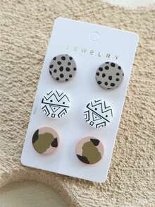 3 Pairs/1 Card Women's Dotted Abstract Symbol Print Ceramic Texture Cute Personalized Round Acrylic Earrings - Multicolor - View 4