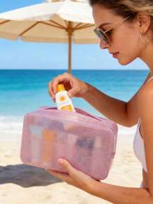 MIYIN 1pc PVC Transparent Cosmetic Bag, Travel Makeup Pouch, Makeup Brush Holder, Toiletry Bag, Beach Bag, Cosmetic Storage Organizer, Travel Makeup Organizer, Gift Bag With Zipper, Nail Polish Bag - Pink - View 2