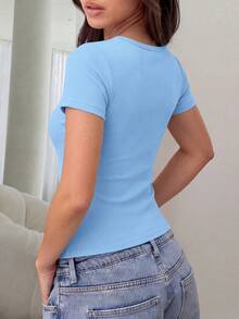 Women's Summer Short Sleeve Top Rib Knit Henry Button Solid Color Slim-Fit Basic Casual T-Shirt - Màu xanh nhạt - Xem 2