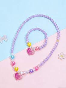 2pcs/Set Kids Heart Pendant Necklace & Beaded Bracelet Jewelry Set, Sweet Princess Style, Suitable For Girls Daily Wear, Birthday Party, Holiday Gift - one-size - View 4